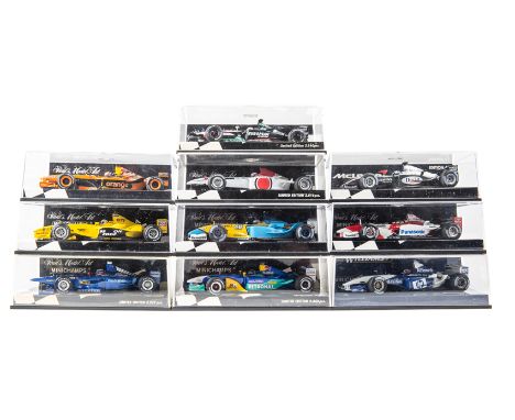 10 Minichamps/Paul’s Model Art 1:43 F1 cars. Sauber Petronas H.H. Frentzen, Renault R23 J. Trulli, McLaren Mercedes MP4-18 D.