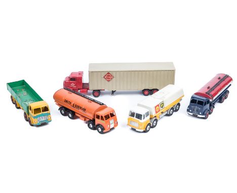 5 Dinky Toys. A Foden FG Tanker, Regent, in red, white and blue. A Foden DG Tanker, Smith & Robinson, in orange. A Leyland Oc