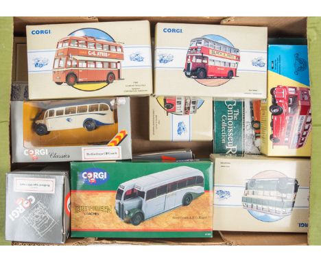 13 Corgi Classics buses, trolleybuses and coaches in 1:50 scale. 4x London Transport buses; Routemaster x2, Guy Arab and Bris