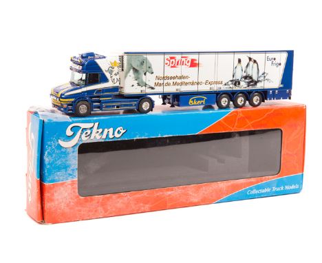 A recent issue Dutch Tekno Scania T580 V8 normal control 6 wheeled tractor unit and 6 wheeled refer trailer. Sleeper cab with