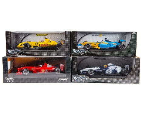 4 Hotwheels 1:18 F1 racing cars. Jordan EJ12 T. Sato, Renault R23 RN7 J. Trulli. Williams FW24 RN5 R. Schumacher and a Ferrar