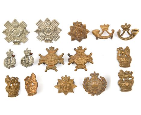 6 pairs Vic collar badges:  brass Devon, R W Kent (2) and crown/bugle; WM HLI and Camerons; single Northants and Derby (2, fa