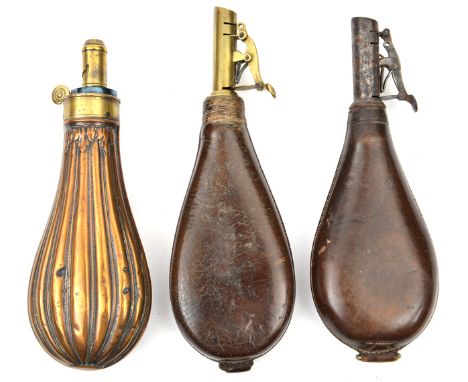 A copper powder flask “Fluted” (similar Riling 289), plain sprung brass top with 4 position nozzle, 8” overall (one or two ti