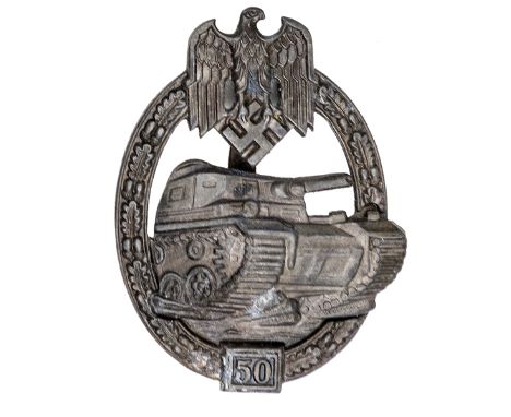 A Third Reich Panzer Assault badge for 50 engagements, of dark grey metal with flat iron pin, the back of the wreath embossed