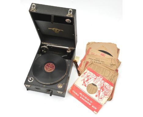 A Columbia No 109 wind up portable gramophone,  the lid with large painted RAF badge. GWO & C (the carrying handle AF), toget