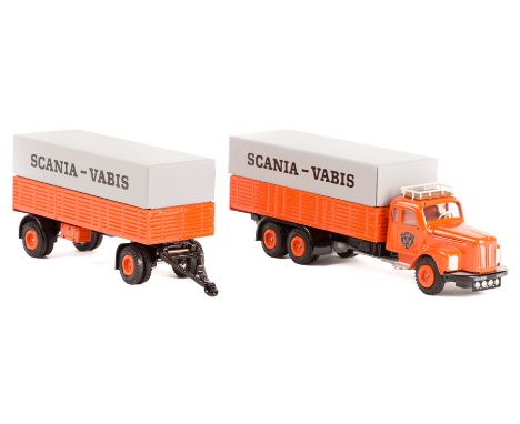 A Limited Edition Dutch Tekno Scania-Vabis 76 normal control 10 wheeled rigid truck and 8 wheeled trailer. In orange and ligh
