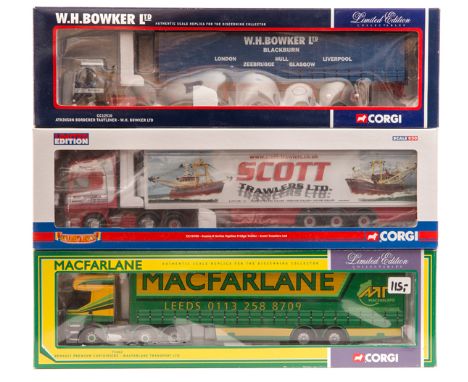 3 Corgi Trucks. Scania R Series Topline Fridge Trailer, Scott Trawlers Ltd CC13705. Renault Premium Curtainside, Macfarlane T