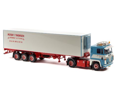 A limited issue Dutch Tekno Scania 141V8 forward control 6 wheel tractor unit and 12 wheeled refer trailer. In light blue, re
