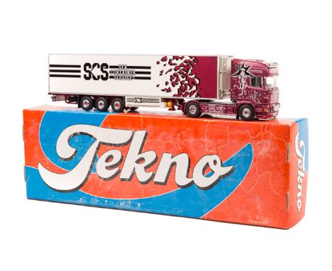A recent issue Dutch Tekno Scania R620 V8 forward control 6 wheeled tractor unit and 6 wheeled refer trailer. Sleeper cab wit