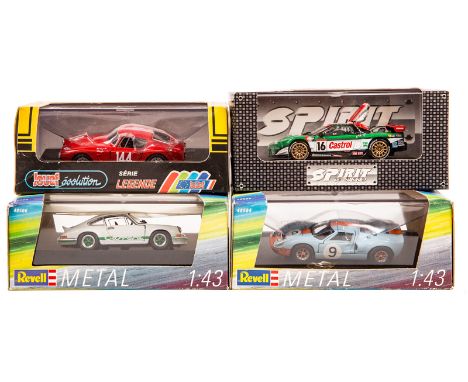 30 1:43 sports/racing cars by various makes. 2x Revell – Porsche 911 1973 and a Ford GT40 LM 1968. 2x Spirit by Nikko – Honda