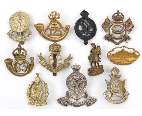 11 cap/puggaree badges, including 59th R Scinde Rifles, 63rd Pallamcotta LI, 69th and 89th Punjabis, 125th Napier’s Rifles, B