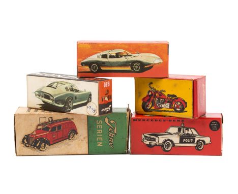 5 Danish Tekno empty boxes. Harley Davidson Motorcycle with closed sidecar (764). 2x Opel Monza GT (930) and a Mercedes-Benz 