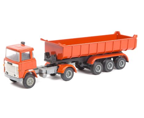 A seldom seen Brazilian truck produced by Arpra, Scania 141 V8 forward control and 12 wheeled tipping trailer. Finished in or