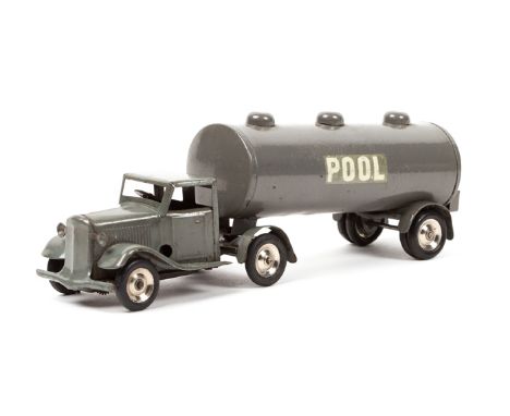 A rare late 1930’s Tri-ang Minic tinplate clockwork articulated Petrol Tanker (79M). An example finished in War Time dark gre