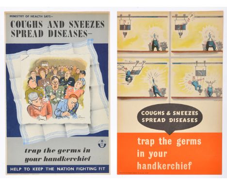4 WWII A3 “Coughs and Sneezes Spread Diseases” cartoon posters: man sneezing onto lathe which spreads germs over his workmate