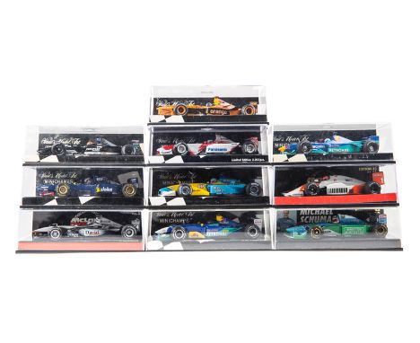 10 Minichamps/Paul’s Model Art 1:43 F1 cars. Benetton Ford Michael Schumacher Collection. Red Bull Sauber Petronas, M. Salo. 