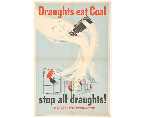 2 WWII A1 fuel economy posters:  “Draughts Eat Coal - Stop all Draughts”, with figure of a monster draught swallowing a bag o