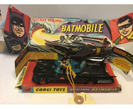 A Corgi Toys Batmobile (267). Early example with Batwheels and black rubber tyres in gloss black with light blue ‘glass’, com