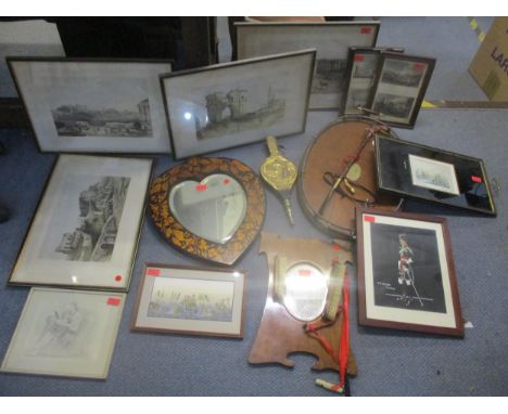 A mixed lot of pictures and other items to include an oak wooden oval tray with twin silver plated handles and gallery, an ea