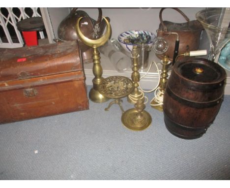 A mixed lot to include two copper coal scuttles, mixed brassware to include a mosque tower finial, a wooden coopered barrel, 