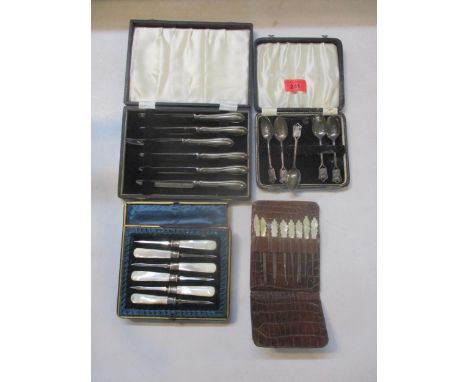 A group of cased flatware to include a set of five French silver spoons with Rouen town crest finials, Atkin Brothers silver 