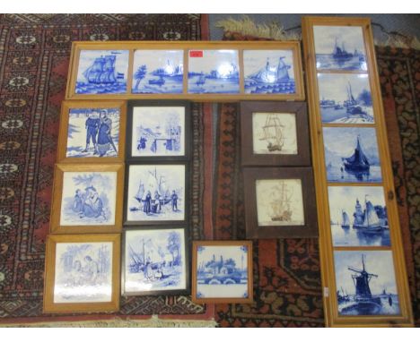 A selection of 19th century and later tiles, mounted in frames, to include a Wedgwood calendar tile, a group of five delft ti