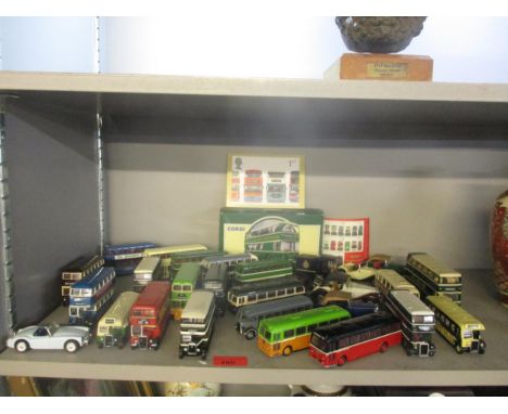 A collection of Corgi vintage buses and makes, along with Corgi and Matchbox diecast model vehicles, and 1st Class stamps and