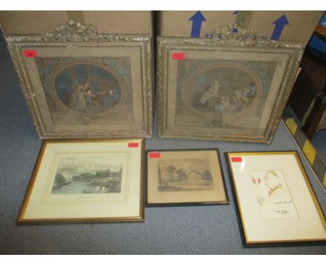 Tim Bulmer 'Doubts Raised' a humorous hand coloured print, a pair of French family interior scenes in gilt frames, and two ot