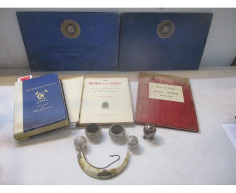 A group of early 20th century Indian silver plated items, and books on the British Army in India, to include a four-piece cru
