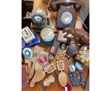 A vintage lot comprising treen butter pats, moulds, love spoons, a leather clad pot with lid and tin liner, playing cards, a 