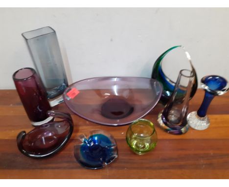 Art glass to include coloured vases, dishes, a basket, tea light and other itemsLocation: 