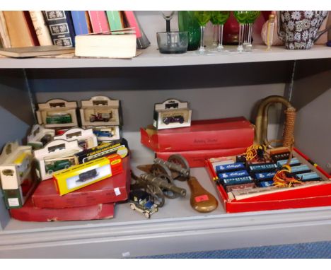 A pair of vintage brass ornamental canons, a bugle A/F, model trains, Hornby track and a Hornby R404 Operating Ore wagon set 