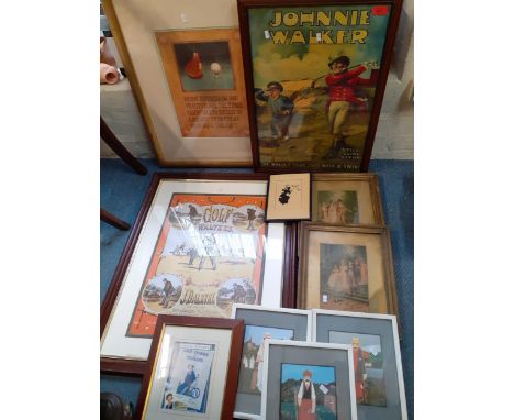 Golf related posters to include a vintage Johnnie Walker 'The Whisky that goes with a Swing' advertising poster together with