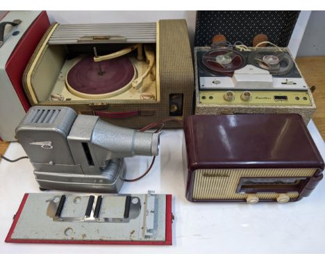 A Ferguson record player, a Champion Bakelite cased radio, a Regentone reel to reel, and a Gnome projector, all circa 1950-19