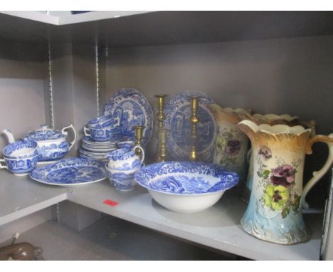 Ceramics and metalware to include Copeland Spode Italian pattern tea pot plates, brass candlesticks and a set of  three jugsL