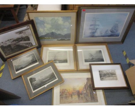 A group of 19th century and later framed and glazed prints to include a Paul Henry coastal print, a J E Chapman signed street