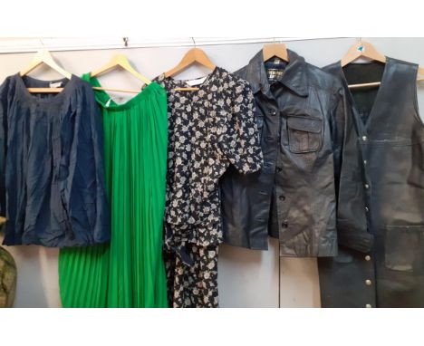 Mixed 1970's and 1980's clothing together with 1970's ladies leather items to include a vintage Laura Ashley frilled blouse, 