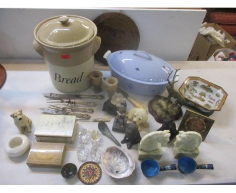 A mixed lot to include a large ceramic bread crock and cover, Chinese silver plated and enamelled handled pans, dressing tabl
