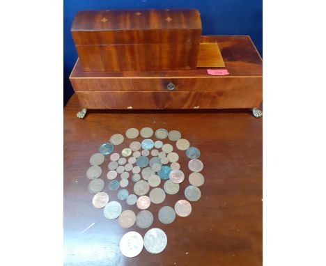 A cased horn handled carving set together with a treen box and mixed coins to include two crownsLocation: SR 