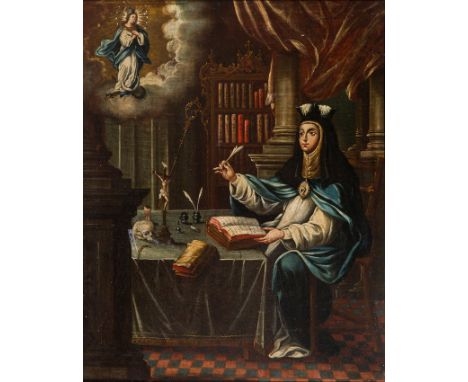 Spanish or Colonial School. 17th - 18th century."Venerated Lady&nbsp;María Jesús de Ágreda&nbsp;in her study”Oil on canvas.42