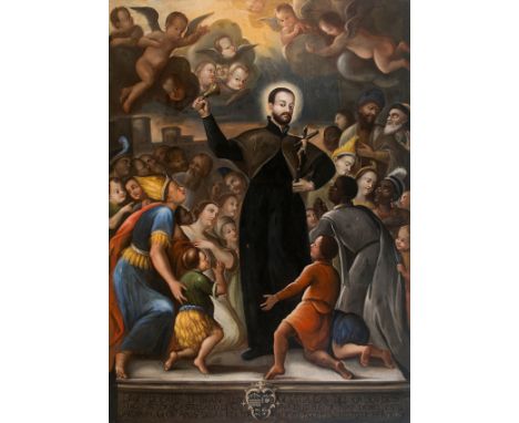 Spanish or italian&nbsp;School. 17th - 18th century."Saint Francis Javier baptising Indigenous women"Oil on canvas. Dated&nbs
