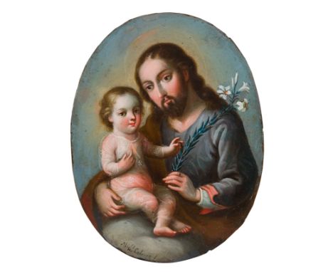 Miguel Cabrera (Antequera de Oaxaca, Mexico, 1715 / 1720 - Mexico, 1768)"Saint Joseph and Child"Nun's shield. Oil on copper. 