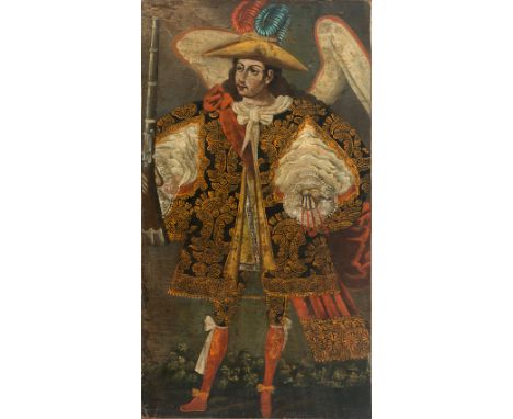 Colonial School. Cusco, Peru. 18th Century."Arquebusier Archangel"Oil on canvas. Relined.185.5 x 66 cm.The Pedro de Osma Muse