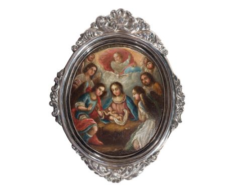 José de Páez (Mexico City, 1727 - c. 1790)"The Adoration of the Angels"Oil on copper. Signed. Copper measurements: 11 x 9 cm.