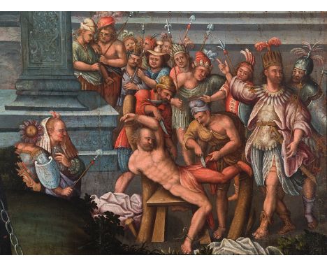 Colonial School. 17th Century."The Sacrifice of Hernán Cortés’ soldiers during "La Noche Triste” – The Night of Sorrows"Oil o