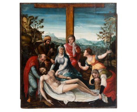 Flemish School. Circa 1530."Descent from the Cross."Oil on panel. 75 x 66 cm.The panel shows the moment of grief at the death