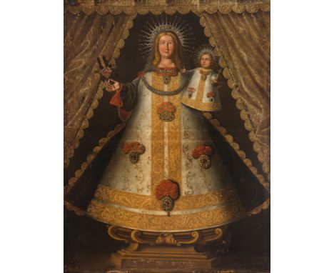 Colonial school. Mexico. 18th century."True Portrait of Our Lady of Araceli"Oil on canvas. It has some patches on the back.11
