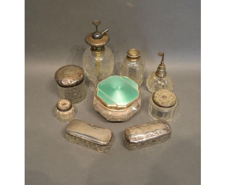 A Birmingham Silver and Enamel Dressing Table Jar, together with a collection of other similar Silver Mounted Cut Glass Dress