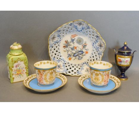 A Pair of Sevres Porcelain Cups and Saucers together with a late Meissen Porcelain Bowl, Dresden Caddy and a Covered Small Va