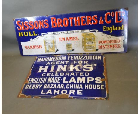 An Early 20th Century Enamel Advertising Sign for Sissons Brothers &amp; Co. Ltd, Hull, England, 46 x 122 cms together with a